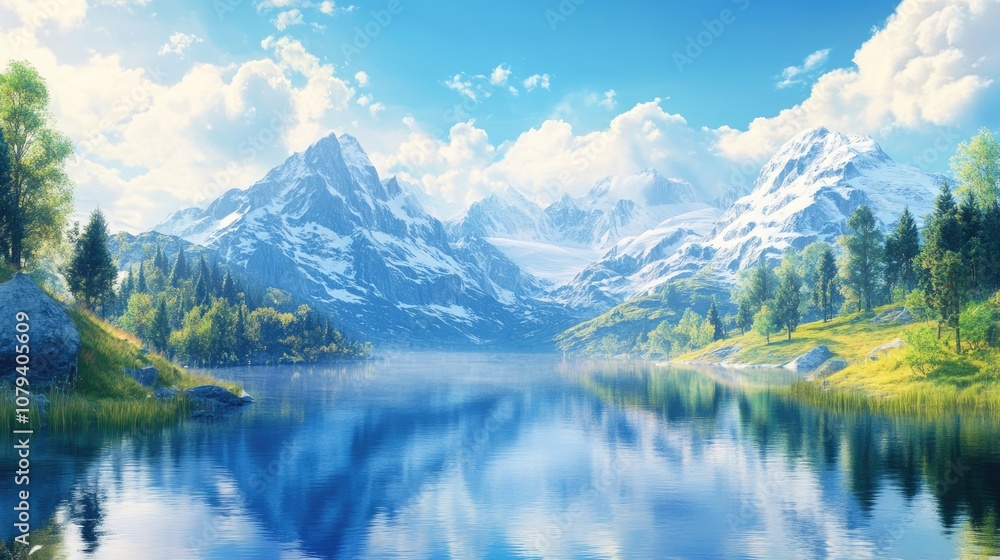 A serene lake mirroring majestic snow capped mountains Ideal for environmental campaigns outdoor equipment promotions travel literature and peaceful wall decorations A serene lake mirroring majestic snow capped mountains Ideal for environmental campaigns outdoor equipment promotions travel literature and peaceful wall decorations