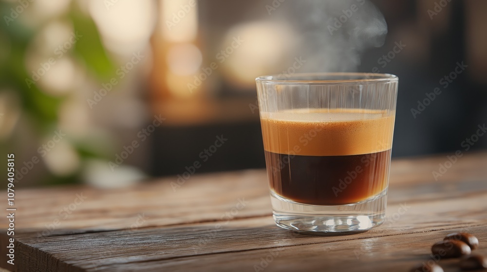 Steaming Espresso in Glass Cup on Rustic Wooden Table - Cozy Coffee Shop Vibe Steaming Espresso in Glass Cup on Rustic Wooden Table - Cozy Coffee Shop Vibe