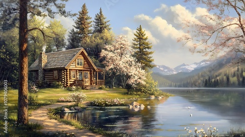 A serene lakeside cabin surrounded by trees and flowers, reflecting tranquility in nature.