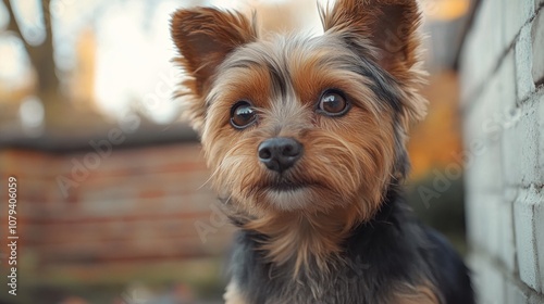 A cute Yorkshire Terrier puppy with big brown eyes looking at the camera with a brick wall in the background.