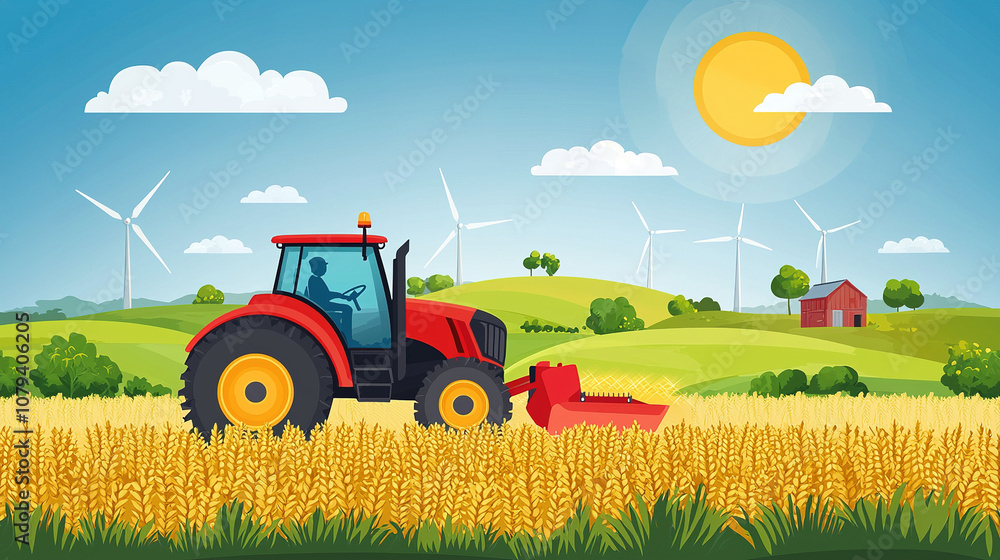 Obraz premium Red tractor harvesting wheat in field with wind turbines and farmhouse