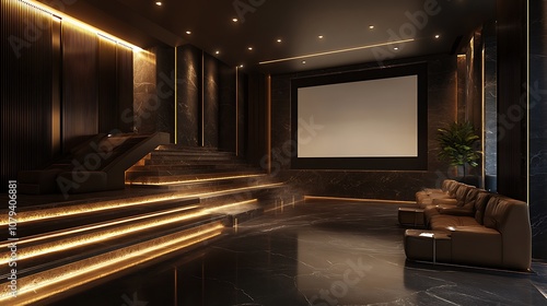 A modern, luxurious home theater featuring plush seating and a large screen.