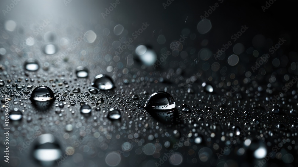 Water droplets on a dark, textured surface with a blurred background. Water droplets on a dark, textured surface with a blurred background.