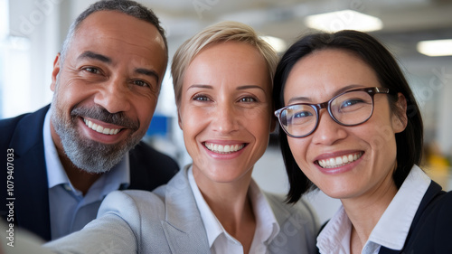 Three diverse professionals smiling warmly in an office setting. One man of Middle-Eastern descent, a Caucasian woman, and an Asian woman.