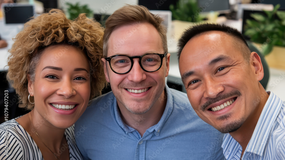 Three diverse professionals, a Black woman, a Caucasian man, and an Asian man, smiling together in a bright office environment. Three diverse professionals, a Black woman, a Caucasian man, and an Asian man, smiling together in a bright office environment.