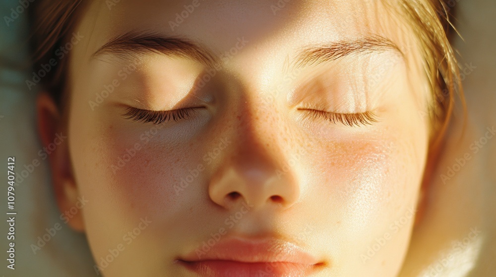 Close-up of a serene face in meditation, eyes closed, exuding calm and relaxation, warm ambient light gently illuminating the relaxed facial features, minimal background enhancing mindfulness. Close-up of a serene face in meditation, eyes closed, exuding calm and relaxation, warm ambient light gently illuminating the relaxed facial features, minimal background enhancing mindfulness.