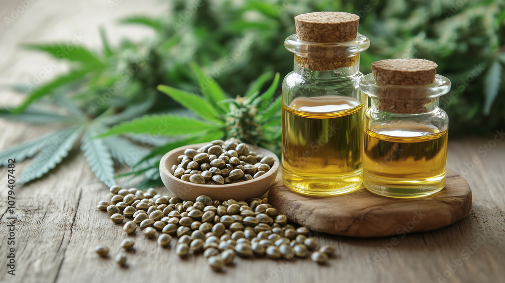 Bottles of hemp oil with hemp seeds and cannabis leaves on a wooden surface, emphasizing natural health benefits. Bottles of hemp oil with hemp seeds and cannabis leaves on a wooden surface, emphasizing natural health benefits.