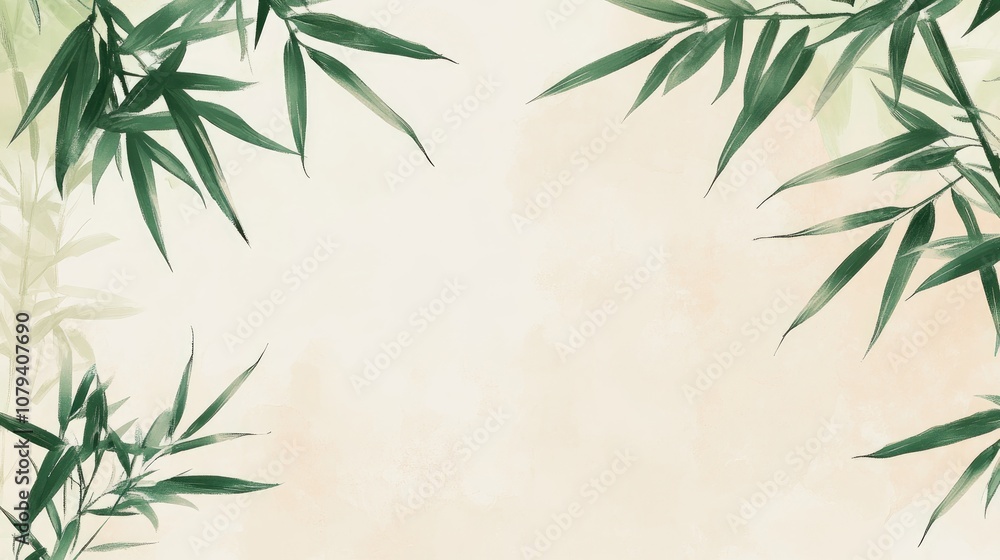 Naklejka premium Bamboo Tree Leaves Top View Border Frame Background Tranquil Peaceful Vibe Calm Serene Interior Bright Open Space