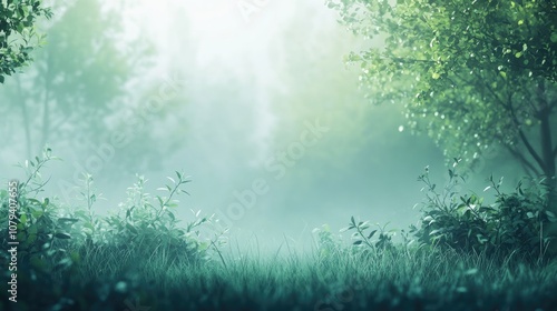 Misty Forest Floor With Blurred Trees And Plant Details Nature S Beauty Foggy Outdoor Atmosphere With Vibrant Green Colors