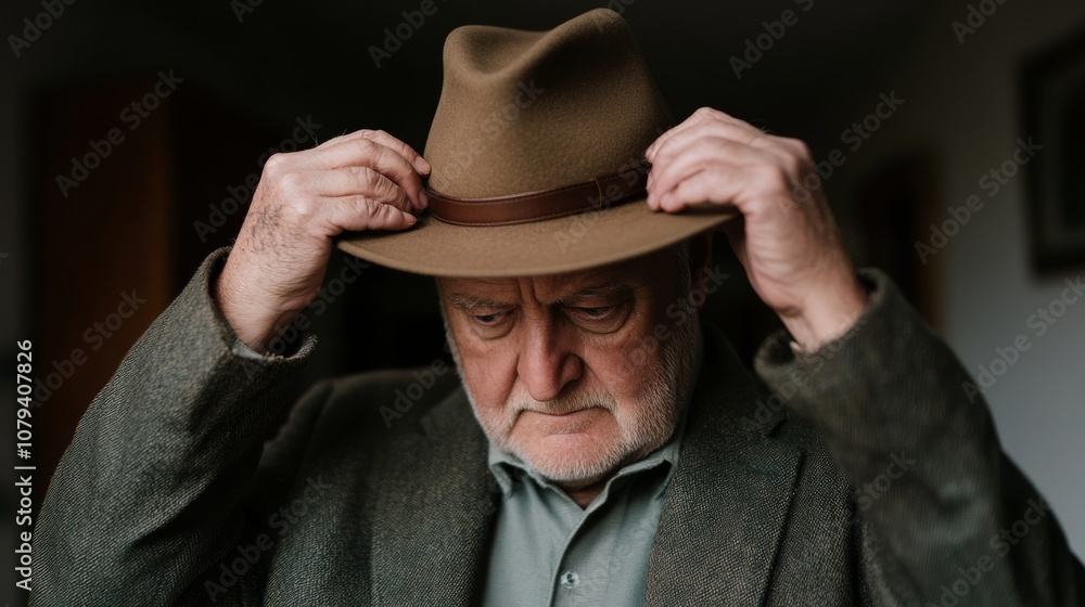An elderly man adjusts his brown hat, wearing a classic suit coat, showcasing a moment of introspection and timeless fashion in a warm setting. An elderly man adjusts his brown hat, wearing a classic suit coat, showcasing a moment of introspection and timeless fashion in a warm setting.