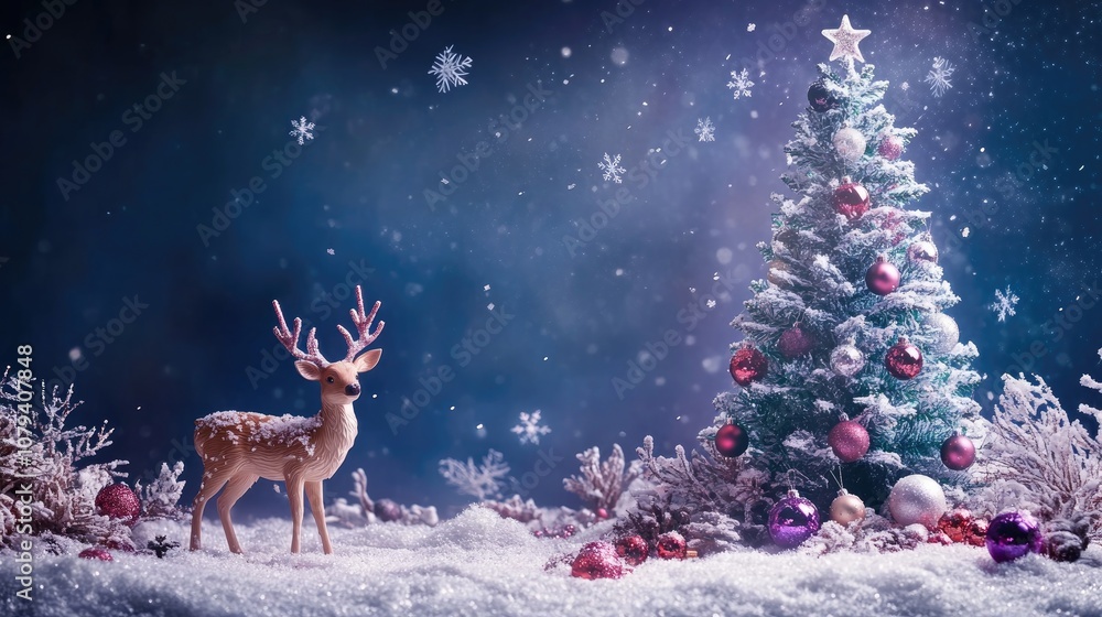 Obraz premium Winter setting featuring crystal glass Christmas ornaments A decorated tree deer and snowflakes against a dark blue and purple backdrop with ample copy space viewed from the front