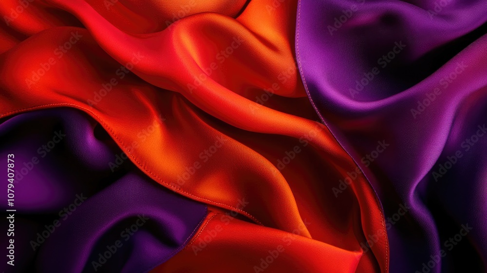 Obraz premium Wavy silk fabric in vibrant orange red and purple hues creating an abstract backdrop Concept of luxurious texture and fluidity