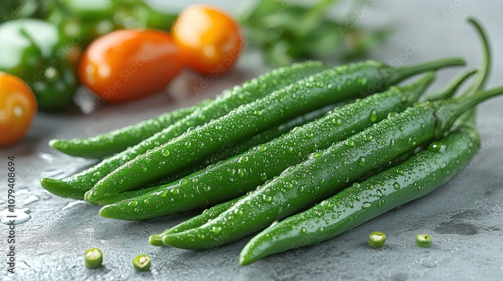 Fresh green chili peppers with water droplets on a gray surface. Fresh green chili peppers with water droplets on a gray surface.