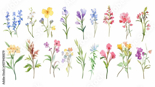 Fototapeta Naklejka Na Ścianę i Meble -  Watercolor floral english alphabet set with wild flowers from a to z. Botanical. Illustration