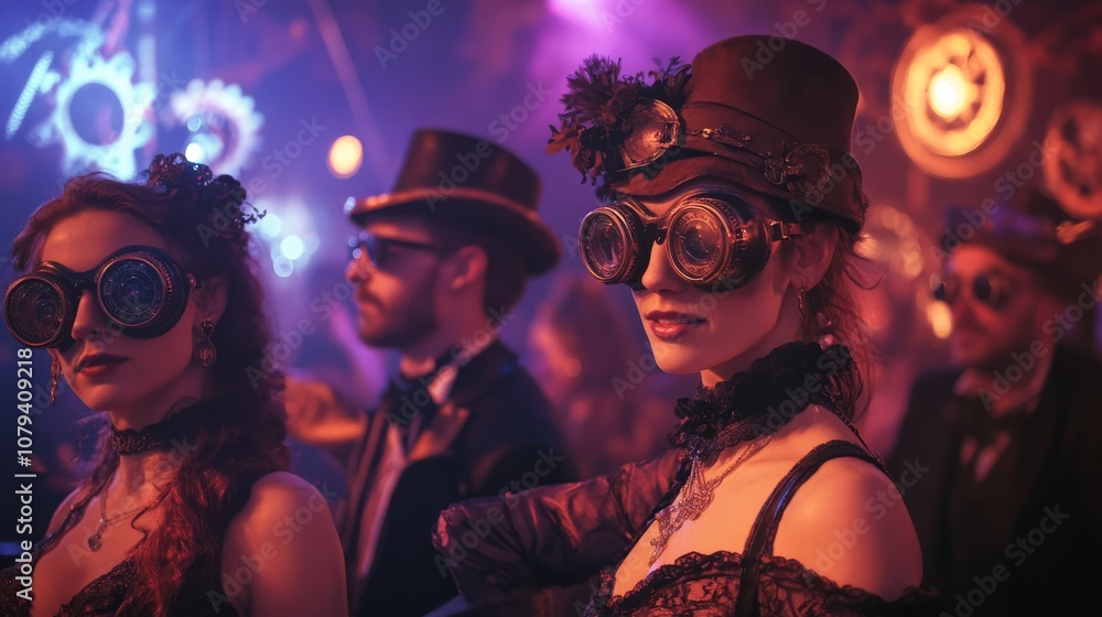 People in steampunk attire enjoy a vibrant gathering, goggles and corsets adding intrigue to this visually striking, opulent scene. People in steampunk attire enjoy a vibrant gathering, goggles and corsets adding intrigue to this visually striking, opulent scene.
