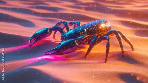 An iridescent scorpion glows under vibrant pink and blue hues, casting mysterious shadows on a sandy surface. photo