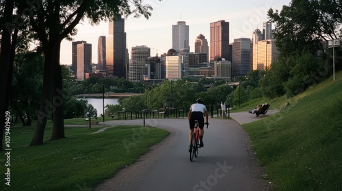 Wallpaper Mural A cyclist rides through a verdant park, with a skyline at sunset in the background, blending urbanity and nature seamlessly. Torontodigital.ca