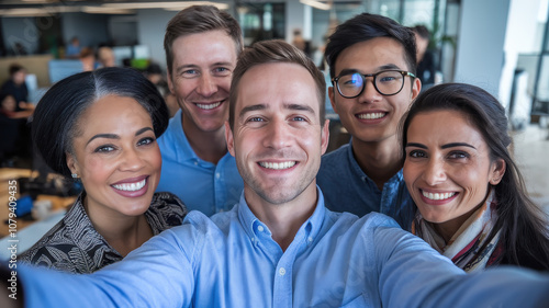 A diverse group of five professionals, including three men and two women, smiling for a selfie in a modern office environment.