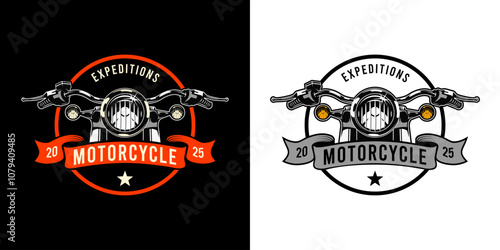 The vintage-style logo for "Biker Club" features a front view of a motorcycle with handlebars, headlight and orange signal lights. Suitable for a brand focused on motorcycle expeditions or touring.