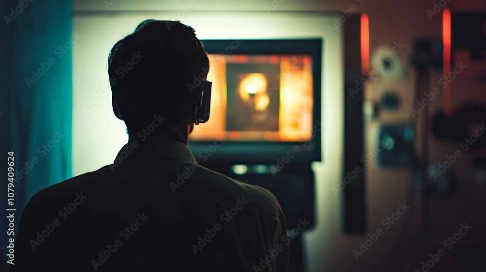 A silhouetted figure wearing headphones is absorbed in a dimly lit room, focused on a glowing screen amidst an ambience of quiet contemplation. A silhouetted figure wearing headphones is absorbed in a dimly lit room, focused on a glowing screen amidst an ambience of quiet contemplation.