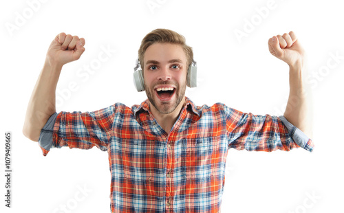 Listen to music in headphones. Man millennial gen listen audio. Music lover lifestyle. Student life. Audio book. Millennial man listen music isolated on white. Modern lifestyle. Happy and successful