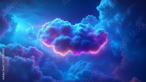 A vibrant, ethereal cloud illuminated by neon colors against a cosmic backdrop.