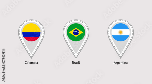 South America flag map pins isolated icons vector illustration. The Latin American countries location point sign. Brazil, Argentina, Colombia states official symbols stickers set for travel design Free Download South America flag map pins isolated icons vector illustration. The Latin American countries location point sign. Brazil, Argentina, Colombia states official symbols stickers set for travel design - GFXLoad