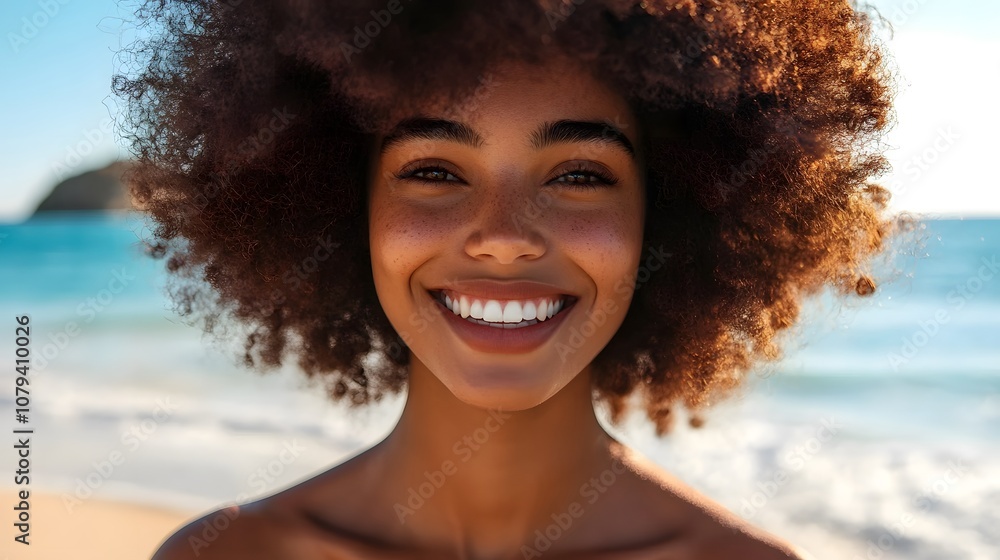 A woman with an afro smiling at the camera on a beach A woman with an afro smiling at the camera on a beach