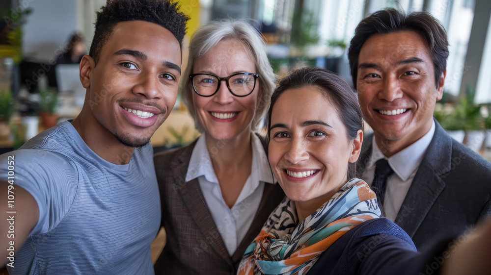 A joyful group selfie featuring a Black male, a Caucasian female, a Hispanic female, and an Asian male in a vibrant office setting. A joyful group selfie featuring a Black male, a Caucasian female, a Hispanic female, and an Asian male in a vibrant office setting.