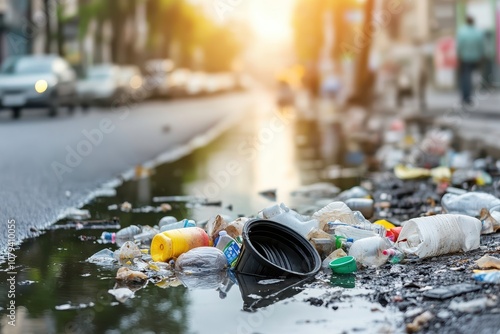 Urban Drainage with Waste and Plastic Debris at Sunset photo