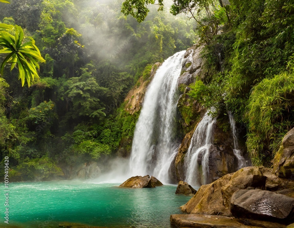 Tropical Waterfall Cascading Over Jagged Rocks Into a Crystal Clear Pool, Surrounded by Lush Green Jungle Foliage and Mist Rising Into the Warm Humid Air Tropical Waterfall Cascading Over Jagged Rocks Into a Crystal Clear Pool, Surrounded by Lush Green Jungle Foliage and Mist Rising Into the Warm Humid Air