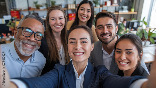 A diverse group of business professionals smiling together, showcasing teamwork and positivity in a bright office environment.