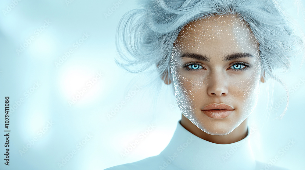 A detailed image of a modern, dynamic woman with a blend of human and technological features, exuding professionalism and warmth. Her light grey hair has a soft metallic sheen, sty A detailed image of a modern, dynamic woman with a blend of human and technological features, exuding professionalism and warmth. Her light grey hair has a soft metallic sheen, sty