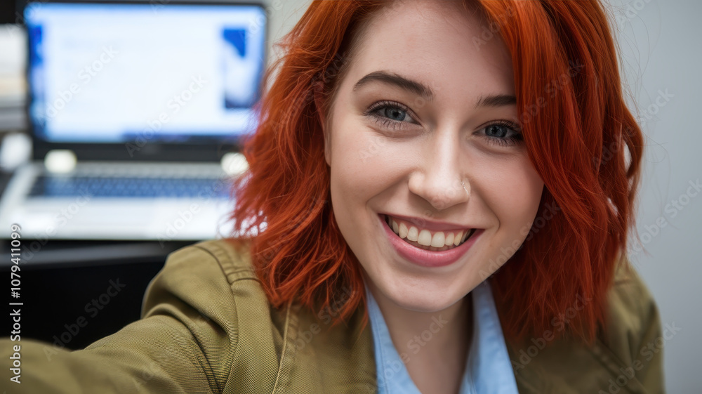 A young Caucasian woman with vibrant red hair smiles warmly at the camera, embodying a cheerful and inviting mood while sitting at a desk. A young Caucasian woman with vibrant red hair smiles warmly at the camera, embodying a cheerful and inviting mood while sitting at a desk.