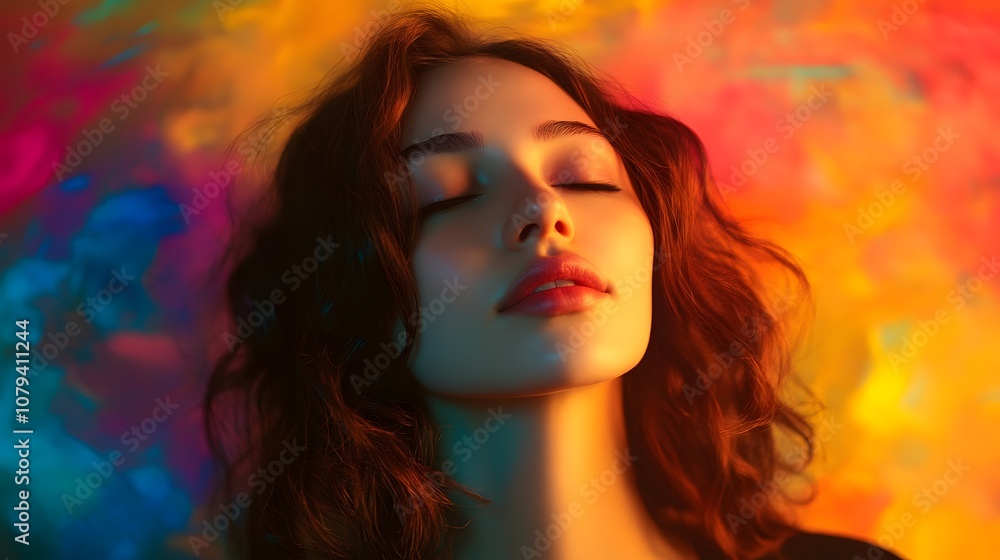 A woman with eyes closed and a colorful background A woman with eyes closed and a colorful background