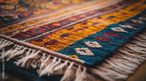 Close-up of a richly textured, colorful carpet, intricately woven, capturing the essence of cultural heritage and craftsmanship.