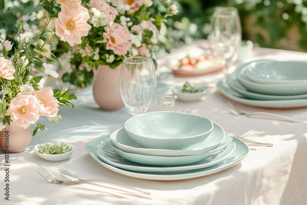 A table set for an outdoor spring brunch, with pastel-colored plates, fresh flowers, and light, seasonal dishes A table set for an outdoor spring brunch, with pastel-colored plates, fresh flowers, and light, seasonal dishes