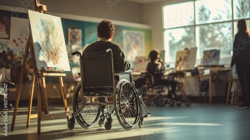 A person in a wheelchair attentively paints in a sunlit studio, surrounded by others, capturing resilience, creative expression, and inclusion.