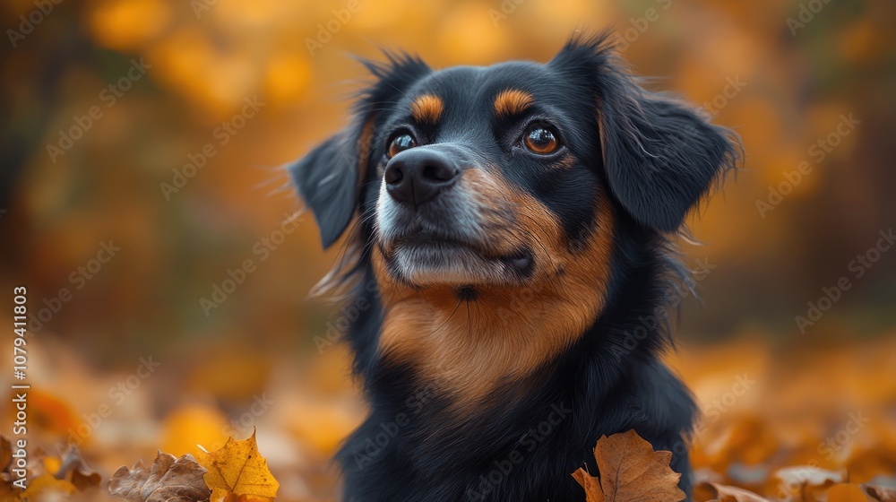 A black and brown dog with curious eyes looks up from a bed of autumn leaves. A black and brown dog with curious eyes looks up from a bed of autumn leaves.