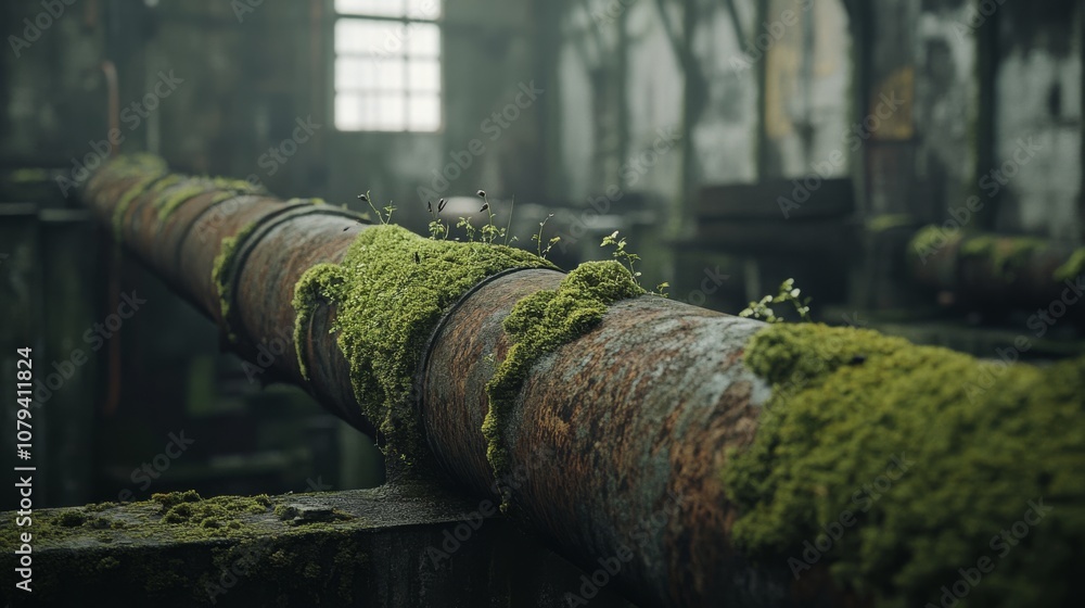A rusted pipe enveloped in lush green moss in an abandoned building suggests an eerie blend of nature and decay. A rusted pipe enveloped in lush green moss in an abandoned building suggests an eerie blend of nature and decay.