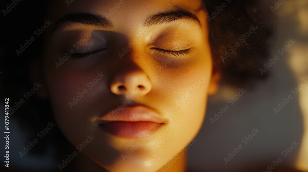 Close-up of a serene face in meditation with closed eyes, soft natural light gently illuminating relaxed facial features, neutral background, and a calm expression, conveying inner peace Close-up of a serene face in meditation with closed eyes, soft natural light gently illuminating relaxed facial features, neutral background, and a calm expression, conveying inner peace