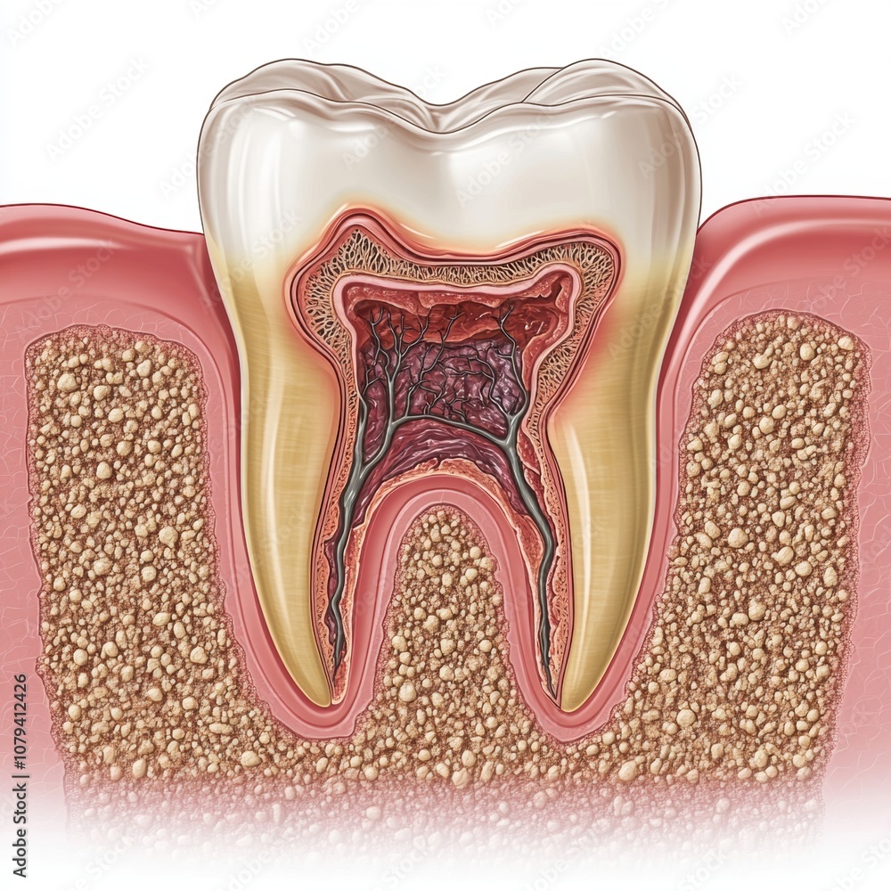 Illustration of a tooth's anatomy, highlighting decay and structure.