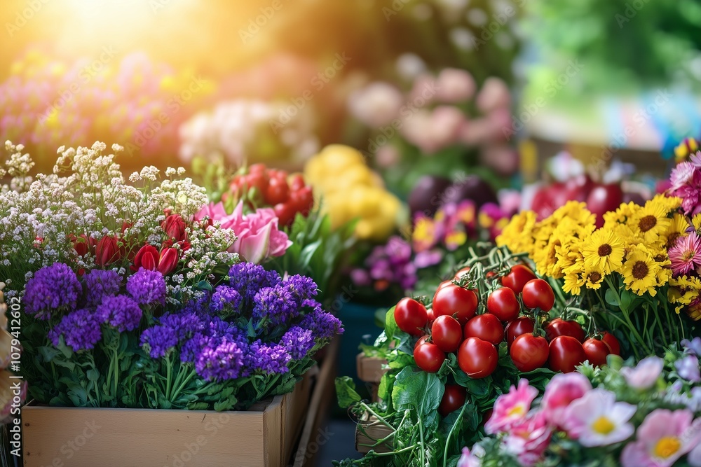 A bustling farmer’s market with stalls selling fresh spring produce, flowers, and handmade goods A bustling farmer’s market with stalls selling fresh spring produce, flowers, and handmade goods