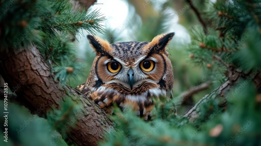 A vigilant owl peers through verdant pine branches, echoing the mystery and wisdom of nature's watchful guardian. A vigilant owl peers through verdant pine branches, echoing the mystery and wisdom of nature's watchful guardian.