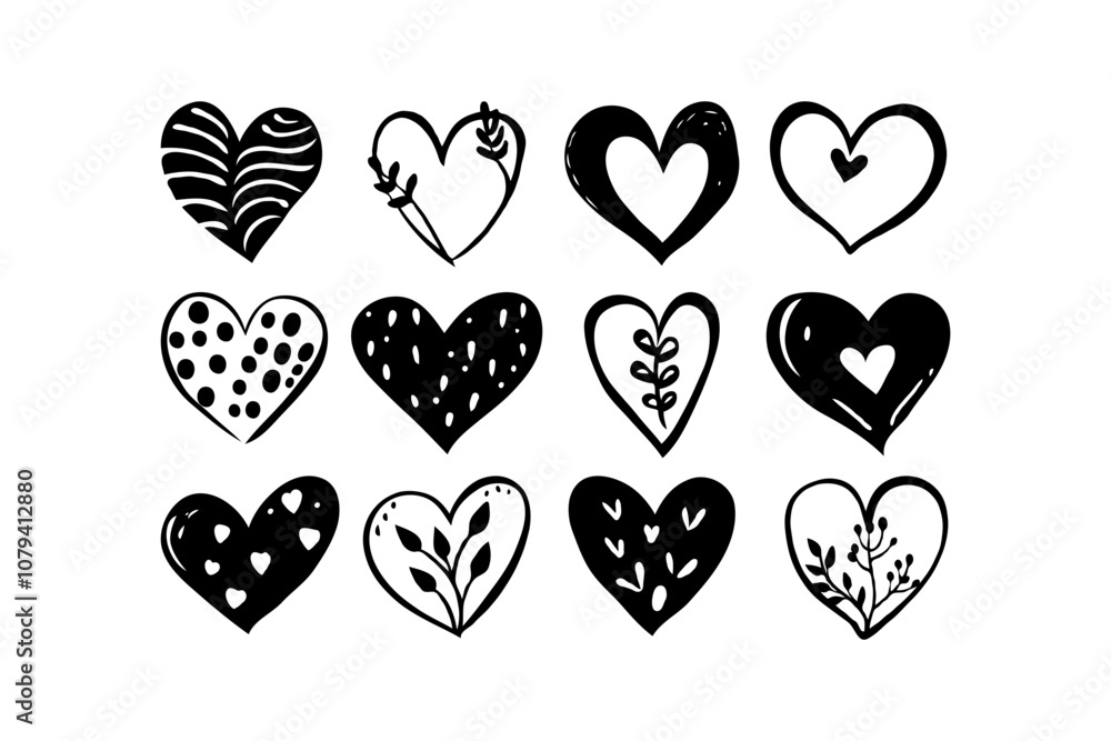 A collection of hand-drawn hearts in different styles on a white background, concept of love and affection. Valentine's Day, Wedding, Engagement elements. A collection of hand-drawn hearts in different styles on a white background, concept of love and affection. Valentine's Day, Wedding, Engagement elements.