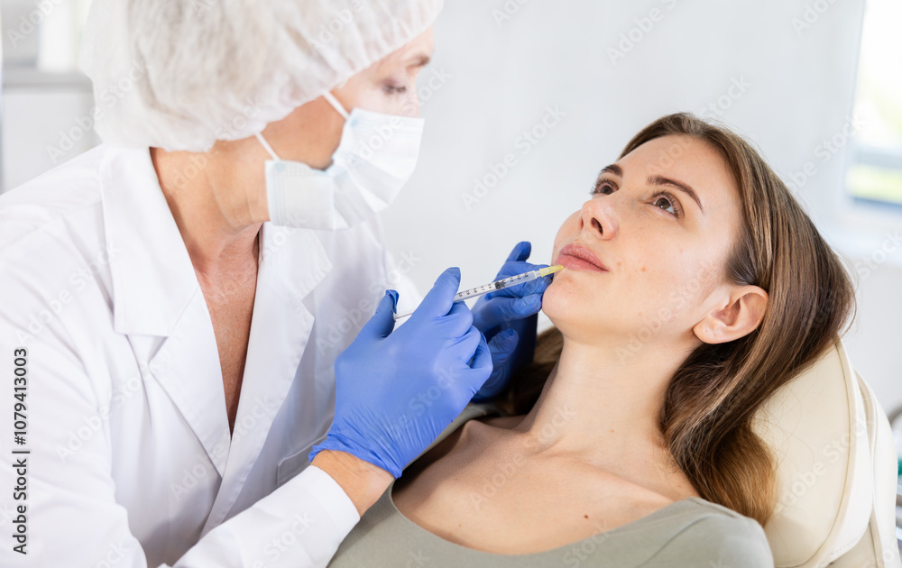 Relaxed young woman laying in treatment chair getting lip fillers by skilled doctor at clinic Relaxed young woman laying in treatment chair getting lip fillers by skilled doctor at clinic