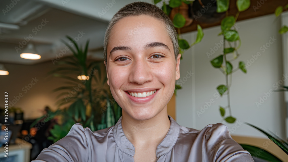 Smiling young woman with short hair posing in a bright, green-filled workspace, exuding a cheerful and confident vibe. Smiling young woman with short hair posing in a bright, green-filled workspace, exuding a cheerful and confident vibe.
