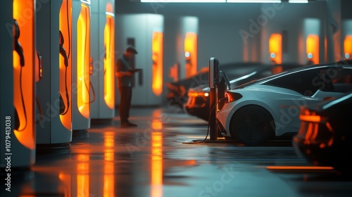 A gleaming electric car charges at a high-tech station, epitomizing the sleek, futuristic shift towards energy sustainability and mobility innovation.