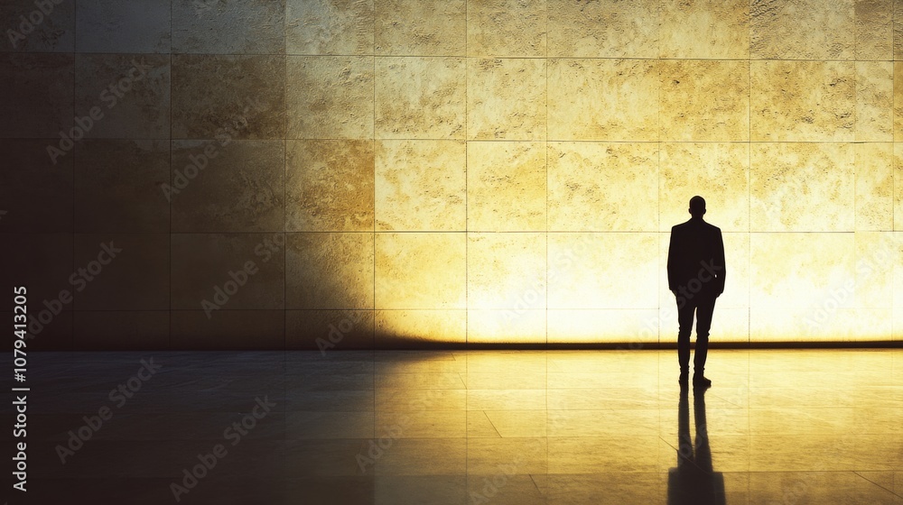 A lone figure stands against a massive gold-hued wall, reflecting an aura of introspection and solitude in an otherwise silent setting. A lone figure stands against a massive gold-hued wall, reflecting an aura of introspection and solitude in an otherwise silent setting.