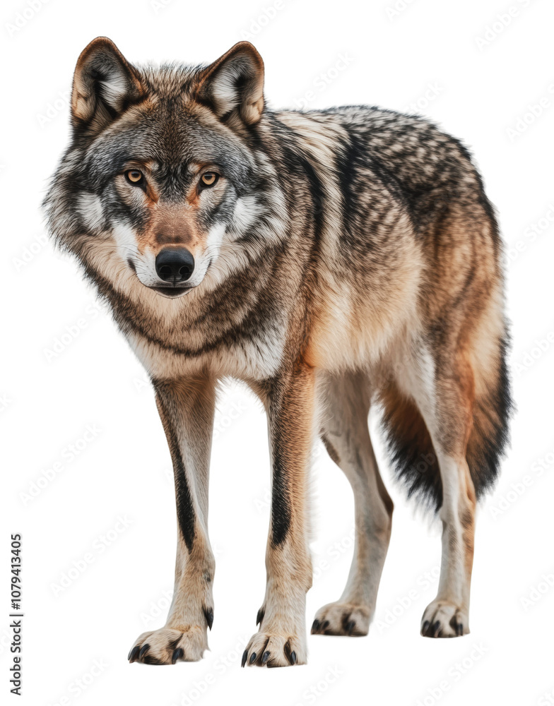PNG A lone wolf standing alert in a natural pose PNG A lone wolf standing alert in a natural pose